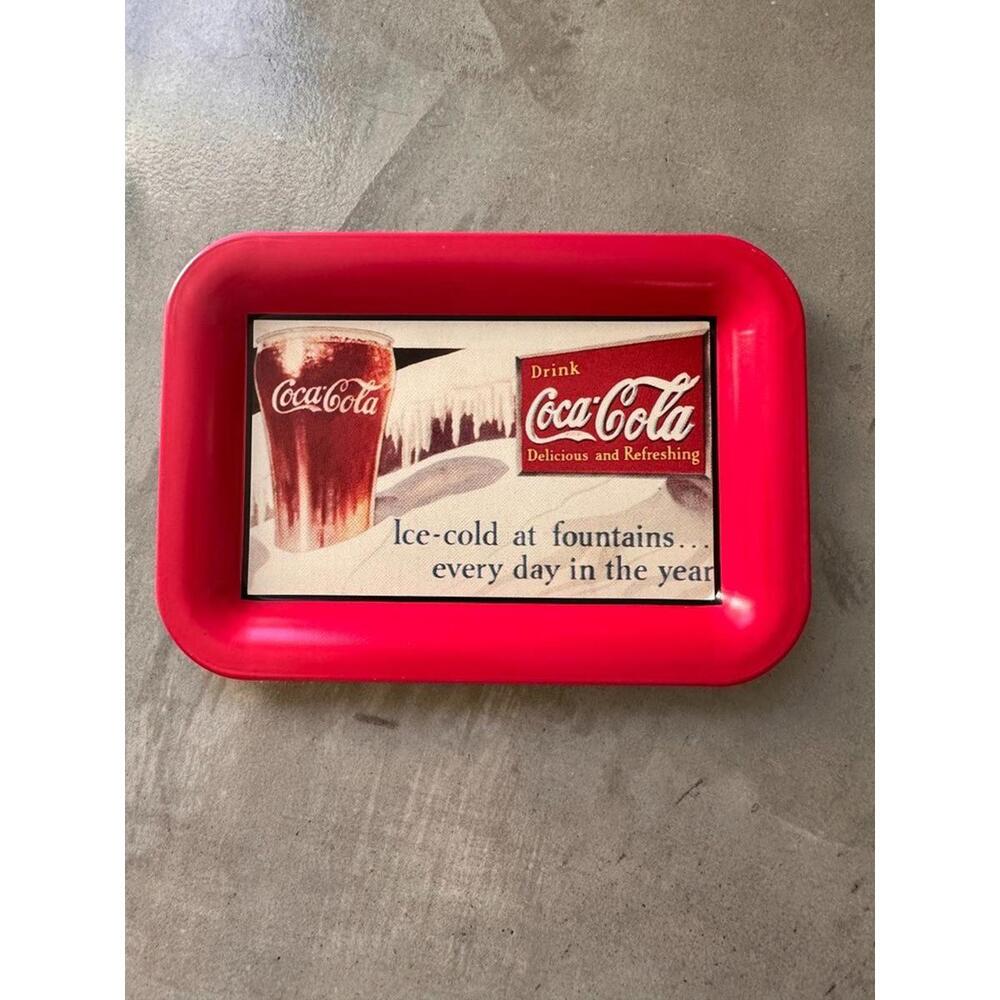 Coca-Cola Glass Metal Billboard Advertising Small Tin Tray 1935 Graphic 1991